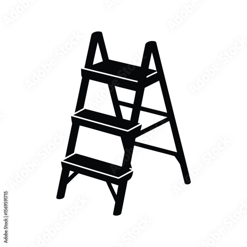 A simple black and white icon illustration of a three-step folding step ladder