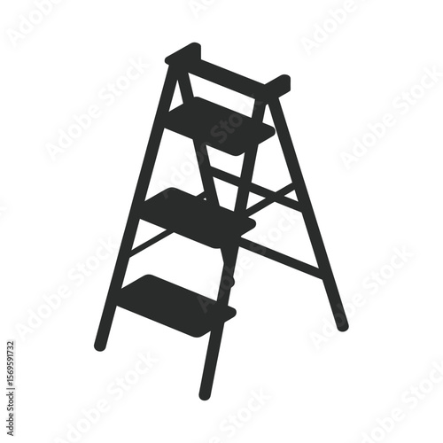 A simple black and white icon illustration of a three-step folding step ladder
