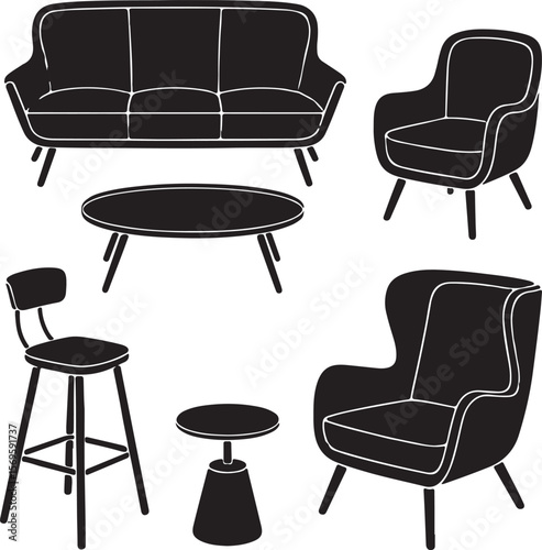Sofa armchair coffee table bar stool side table silhouette vector
