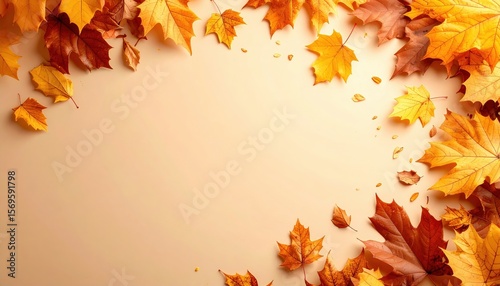A vibrant display of autumn leaves scattered on a warm-toned background, evoking seasonal change