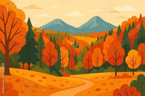 Autumn landscape vector illustration. Fall season scenic background. Colorful forest, mountains, hills. Countryside with fields and path. Orange trees, fallen leaves. Nature outdoor.