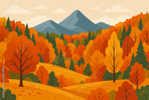 Autumn landscape with forest and mountains. Fall season scenery with colorful trees on hills. October nature background illustration. Serene panoramic outdoor woodland view.