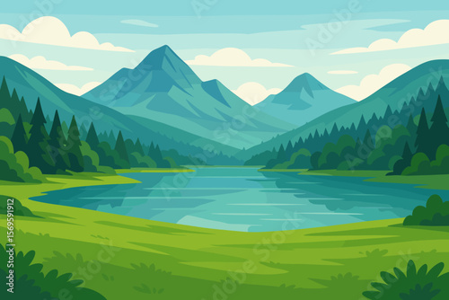 Nature landscape background. Lake in mountain valley. Summer scenery with green meadow, forest, water. Panoramic view. Outdoor travel, tourism, hiking, camping concept illustration