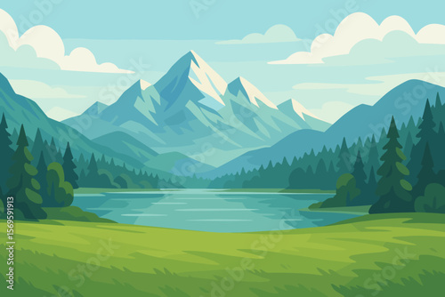 Mountain lake landscape with forest and green grass meadow. Panoramic scenic nature view. Summer travel background. Outdoor adventure concept. Modern flat vector cartoon illustration.