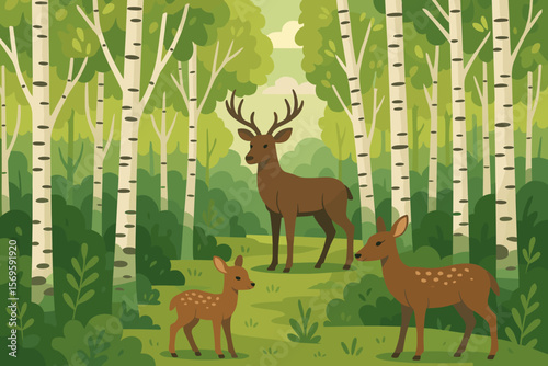 Deer family with stag, doe and fawn in birch tree forest. Wild animals in nature. Summer woods landscape background. Cartoon flat vector illustration for print and design.