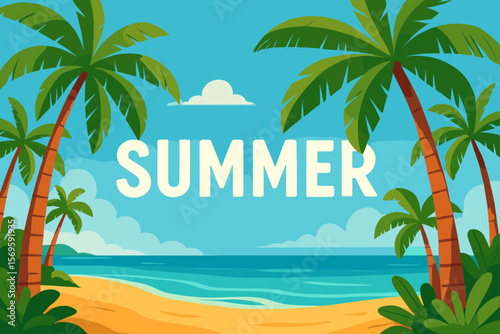 Summer vacation poster with tropical beach and palm trees. Paradise island landscape vector illustration. Seascape with sandy shore for travel banner or holiday card.