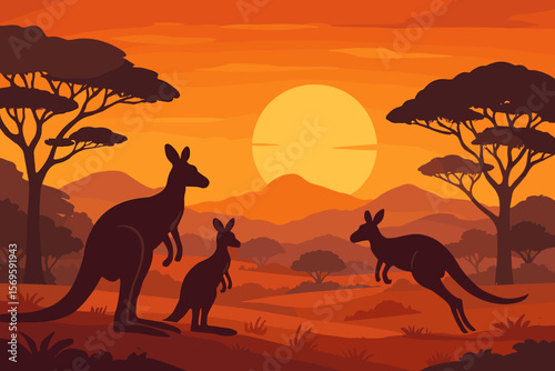 Australian landscape with kangaroo family silhouette at sunset. Vector illustration of wild nature in Australia. Outback savannah with mountains, trees, and sun. Flat design.