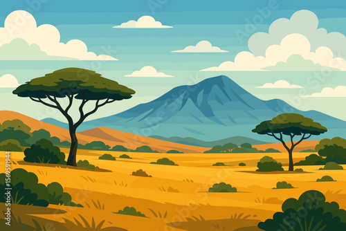 African savanna landscape with acacia trees and mountain. Vector illustration for a safari trip. Scenic nature background of Africa's wilderness. Sunny day in a national park.