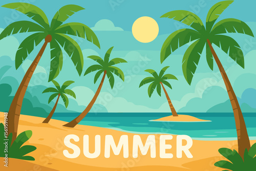 Summer time on a paradise tropical island. Vector cartoon landscape with a sandy beach, palm trees, ocean and sun. Concept for vacation, holiday, travel. Flat design poster.