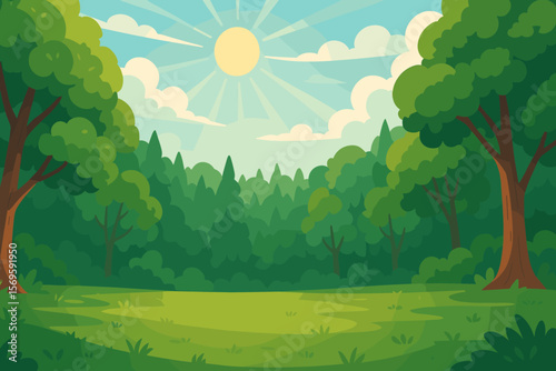 Forest clearing with sun rays. Summer day landscape background. Green grass meadow in a park with trees. Nature scenery cartoon vector illustration. Idyllic outdoor sunny glade.
