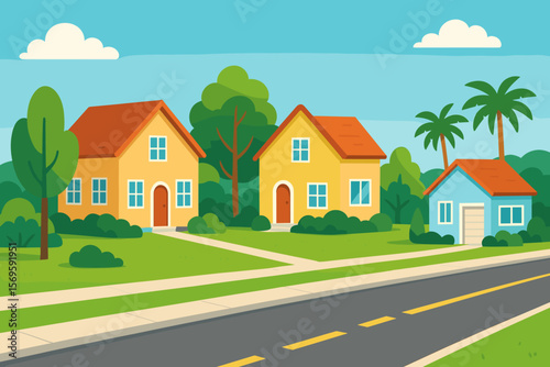 Suburban landscape with cute cozy houses. Beautiful neighborhood street with road, sidewalk and green trees. Real estate, property, residential area concept. Vector illustration.