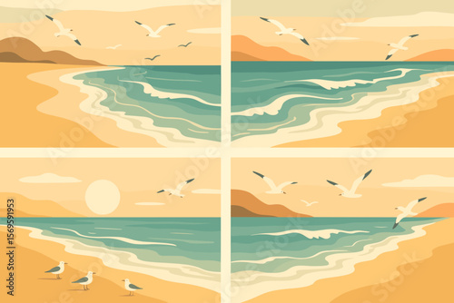 Collection of retro beach landscape illustrations with ocean waves and seagulls. Vintage summer seascape for poster, background or postcard design. Vector coastal scenes set.