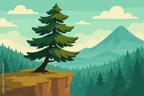 Coniferous tree on cliff edge. Mountain forest landscape. Vector illustration. Nature, wilderness, environment concept. Outdoor travel scenery. Flat cartoon background.