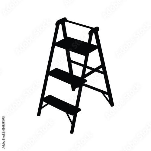 A simple black and white icon illustration of a three-step folding step ladder