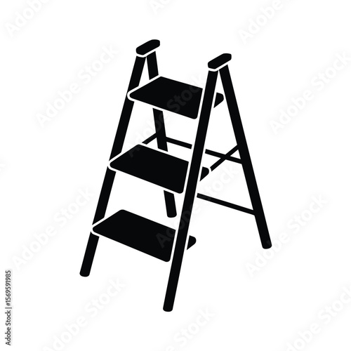 A simple black and white icon illustration of a three-step folding step ladder
