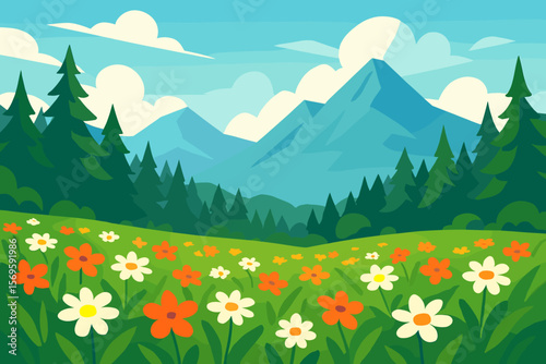 Mountain Forest Glade, Blooming Flowers, Modern Flat Cartoon Vector Illustration. Beautiful Summer Nature Landscape Background.