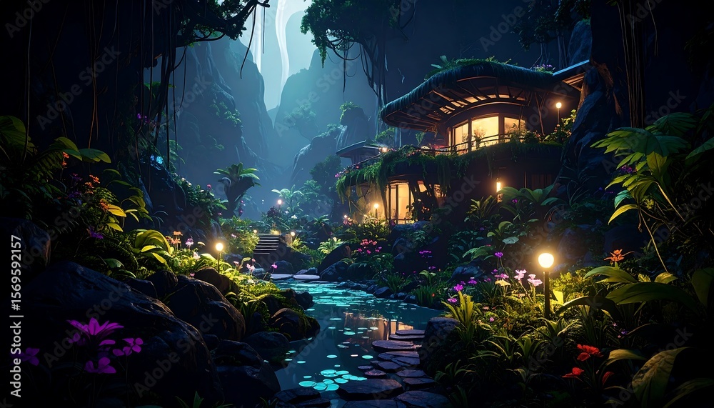 Naklejka premium Luxurious Tropical Villa Nestled in Lush Jungle at Night with Illuminated Stream and Glowing Path Lights