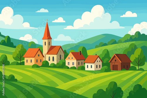 Summer village landscape with church and houses on green hills. Countryside rural nature scene with fields. Agriculture farming concept. Modern flat vector cartoon illustration.