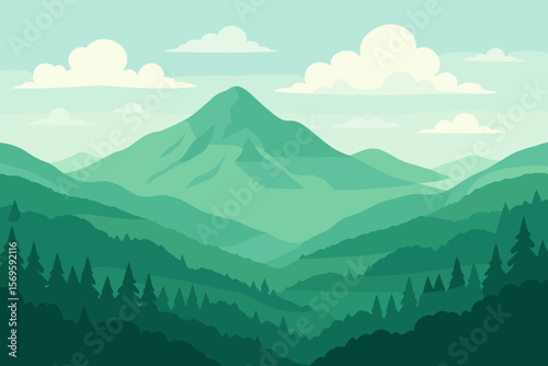 Green mountain landscape with hills and forest silhouette. Nature scenery background. Panoramic view with parallax effect. Modern flat cartoon vector illustration for wallpaper.