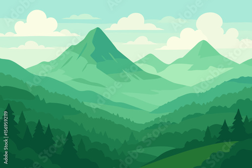 Mountain landscape with green hills, forest silhouettes, and valley. Modern flat cartoon vector illustration. Nature scenery background for travel, hiking, or eco concepts.