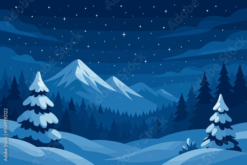 Winter night landscape with snow covered mountains, pine forest and trees. Snowy hills and amazing starry sky with clouds. Christmas Eve holiday vector background concept.