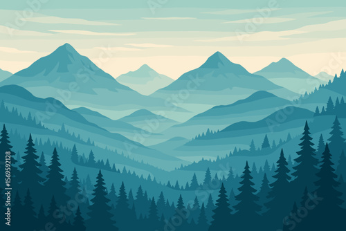 Mountain landscape vector background. Panoramic view of mountains, hills, and pine forest in morning fog. Nature silhouette scenery. Outdoor travel, adventure, hiking concept.