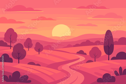 Pink abstract landscape with fields, meadows, trees, hills and road at sunset. Vector scenic nature background. Modern flat cartoon illustration for wallpaper or banner.