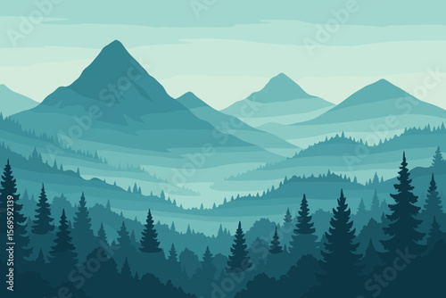 Panoramic mountain landscape with fog and forest silhouettes. Vector illustration of misty mountains, layered hills, and pine trees. Nature scenery background, outdoor adventure.