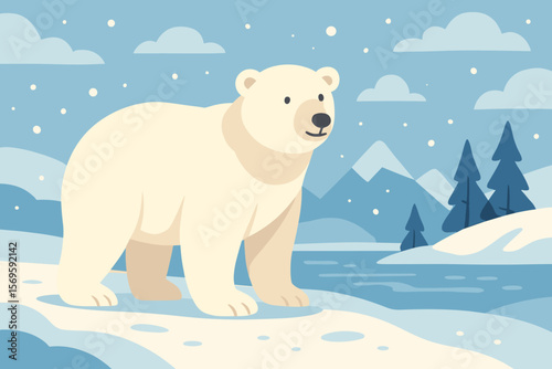 Polar bear on a snowy winter background in the arctic. Wild animal in a northern landscape with mountains and trees. Modern flat vector cartoon illustration for nature concepts.