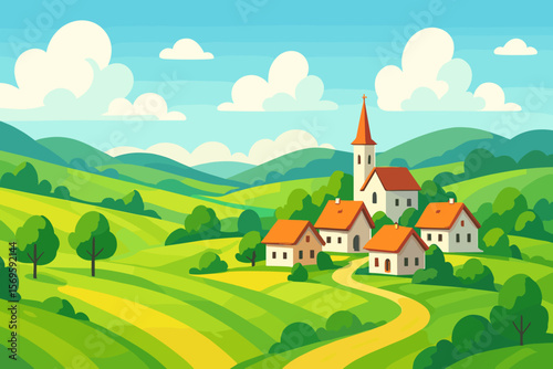 Summer village landscape with church. Panoramic green hills and fields. Countryside scenery with houses and trees under a blue sky. Modern flat cartoon vector illustration.