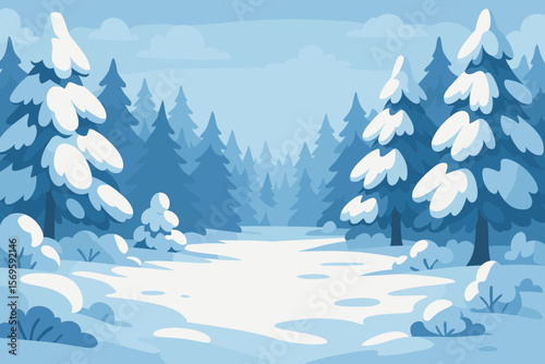 Winter forest landscape with snow covered pine trees. Snowy nature park scene with a clearing. Seasonal outdoor background. Modern flat vector cartoon illustration.