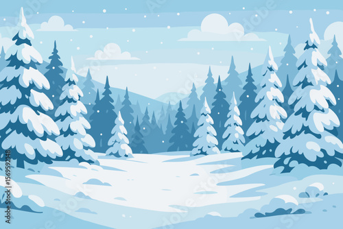 Panoramic winter landscape concept. Snowy forest clearing with pine trees and falling snow. Modern flat vector cartoon illustration. Seasonal nature outdoor background.