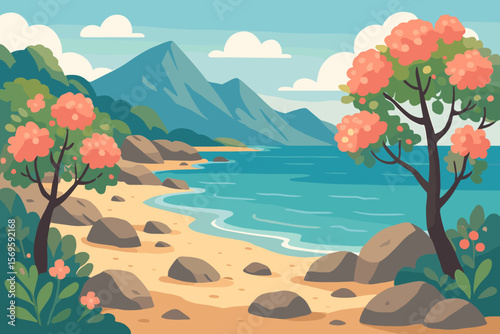 Vector cartoon beach landscape with mountains, sea, and blooming trees. Summer vacation background. Rocky coast and sandy shore. Paradise island travel destination concept.
