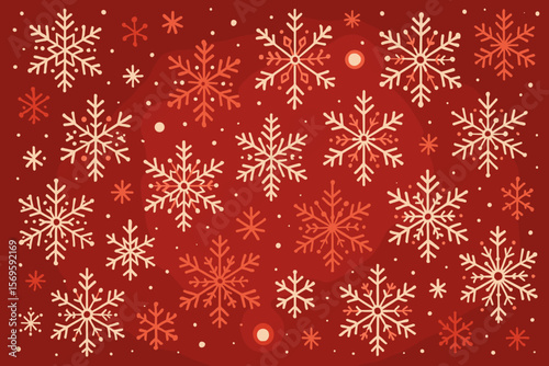 Christmas background red with snowflakes. Winter holiday pattern. Festive New Year graphic. Decorative seasonal design. Greeting card, banner, poster, wrapping paper design.