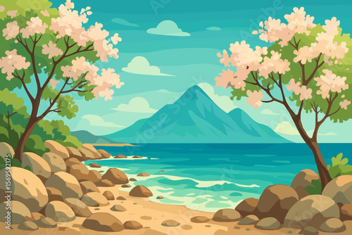 Spring beach landscape with blooming sakura trees on a rocky shore. Serene ocean view with mountain background. Nature vacation travel concept. Flat vector cartoon illustration.
