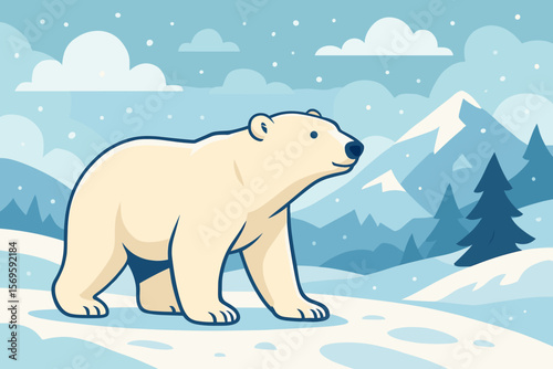 Polar bear walking in snow arctic landscape. Winter mountain scene. North Pole wildlife animal. Flat vector cartoon character illustration for nature, environment, climate change.