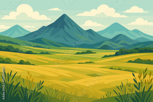Mountain landscape vector. Prairie fields and meadows background. Steppe with rolling hills and grass. Summer scenery. Nature view. Travel banner. Ecology concept illustration.