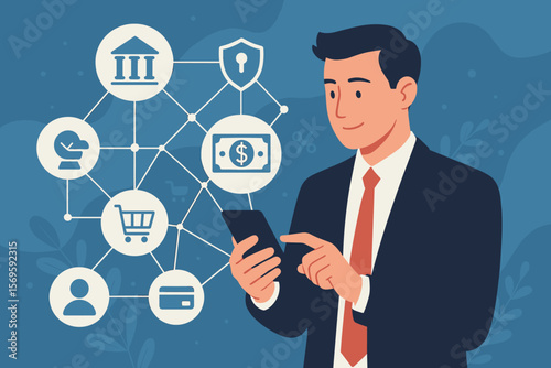 Businessman Using Smartphone for Online Banking, Digital Payments, Finance Network, Secure Transactions, E-commerce Shopping, Customer Connection, Cybersecurity, Financial Technology