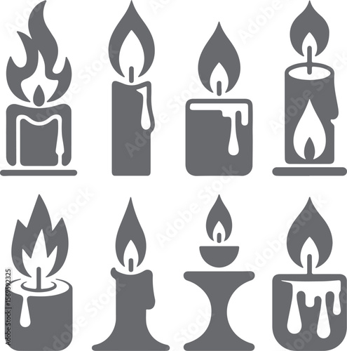 Various candle silhouettes with flames and dripping wax burning