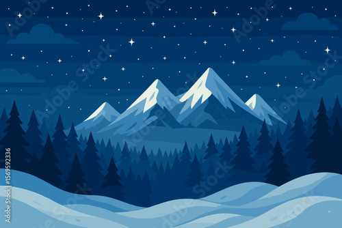 Magical Christmas Night Winter Landscape. Snow-Capped Mountains, Pine Forest, Snowdrifts, Starry Night Sky, Tranquil Nature, Holiday Scenery, Peaceful Winter Wonderland