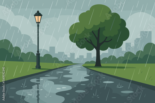 Rainy City Park Scene with Pedestrian Path, Puddles, Reflections, Green Grass, Tree, Lantern, Urban Skyline, Wet Weather Concept