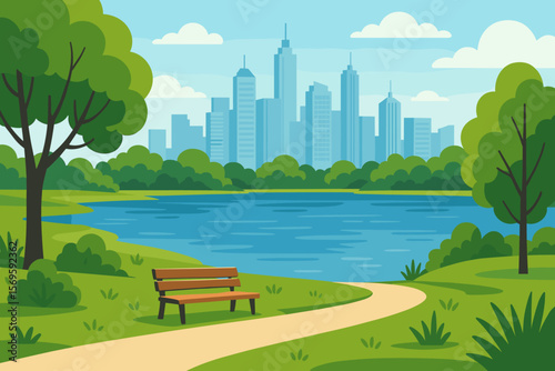 Urban City Park Lake with Skyscraper Skyline, Green Trees, Walking Path, Bench, Modern Flat Vector Illustration, Nature Landscape, Outdoor Recreation, Summer Day, Metropolitan Scenery