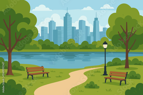 Urban City Park Lake with Benches, Trees, Pathway, Lamp Post, Skyscraper Skyline, Green Landscape, Modern Flat Vector Illustration