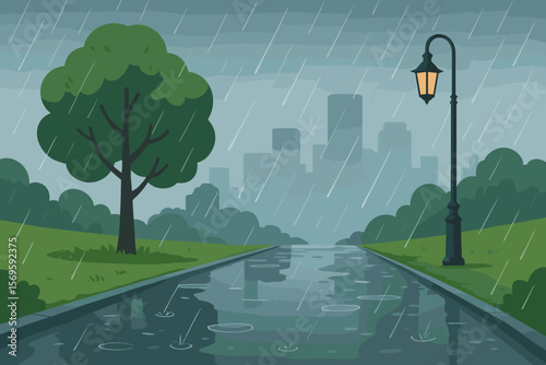 Rainy City Park Scene with Pedestrian Path, Puddles, Reflections, Green Grass, Tree, Lamp Post, Urban Skyline, Wet Weather Concept