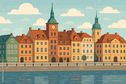 Colorful European Cityscape with Historical Old Town Buildings, Riverside Embankment, Clock Tower, Flat Vector Illustration, Urban Architecture, Travel Landmark