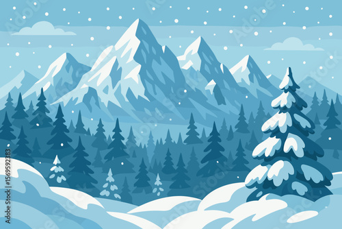 Majestic Winter Mountain Landscape with Snowy Peaks, Pine and Spruce Forest, Large Snowdrifts, Falling Snow, Christmas and New Year Holiday Scenery