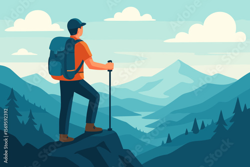 Adventurer Hiking Mountain Summit, Backpacker on Peak Overlooking Scenic Valley, Outdoor Exploration, Nature Travel, Mountain Tourism, Trekking, Wilderness Adventure, Vector Illustration