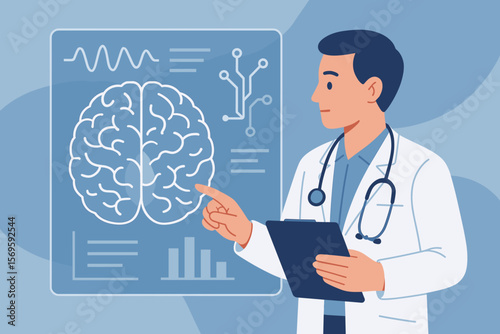 Neurologist Analyzing Brain Scan Results with Digital Interface, Modern Medical Technology, Neuroscience, Data Visualization, Healthcare Innovation, Flat Vector Illustration
