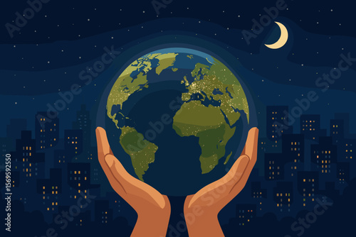 Hands Holding Glowing Earth at Night, City Skyline, Energy Conservation, Earth Day, Environmental Protection, Sustainable Future, Modern Vector Illustration