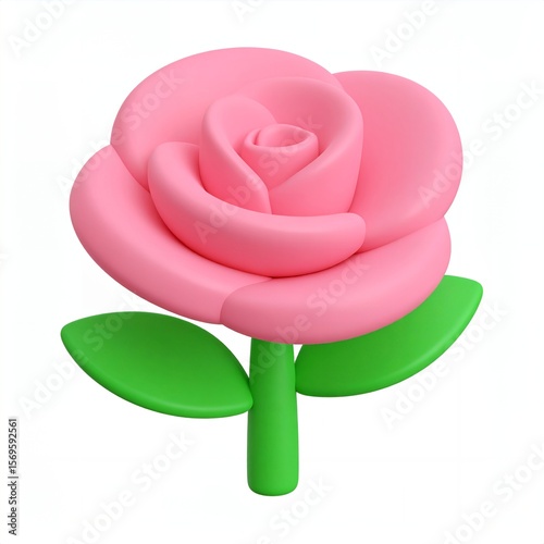 An eye-level 3D illustration of a beautiful pink rose with green leaves and stem, isolated on a clean white background, showcasing a vibrant floral design.